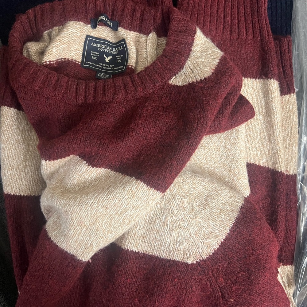 American Eagle Maroon and Cream Striped Sweater